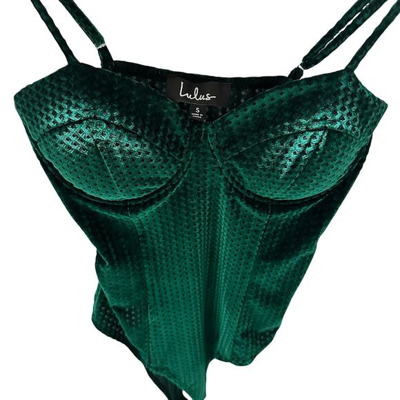 Lulu's Flirty Feelings Emerald Green Velvet Bustier Bodysuit- Women's Size Small - Picture 2 of 4